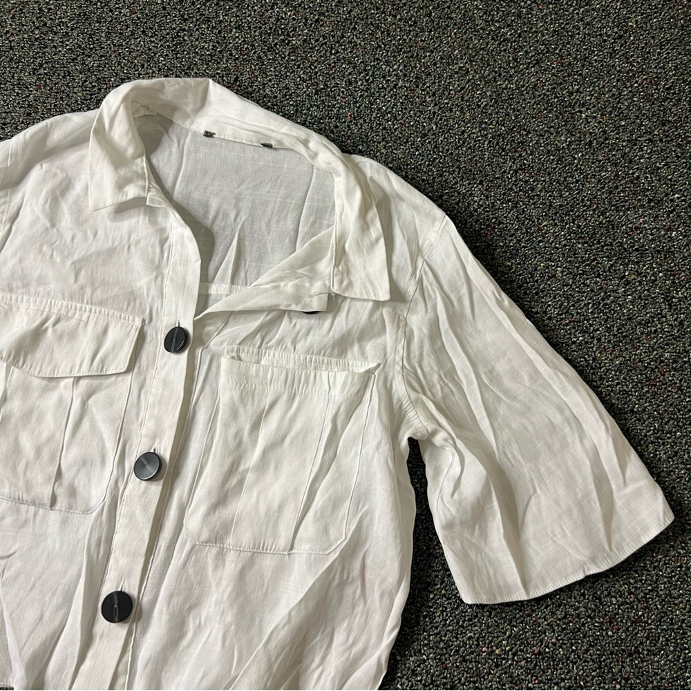 PRIMARK White Short-Sleeve Oversize Boxy Button Down Blouse Top Collar T-Shirt S - Picture 13 of 16